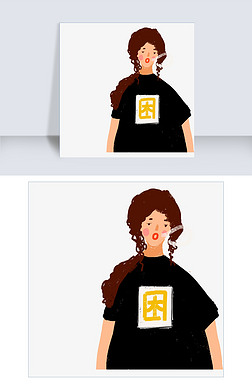 黑色长头发免抠元素|黑色白色手绘卡通可爱女孩免抠