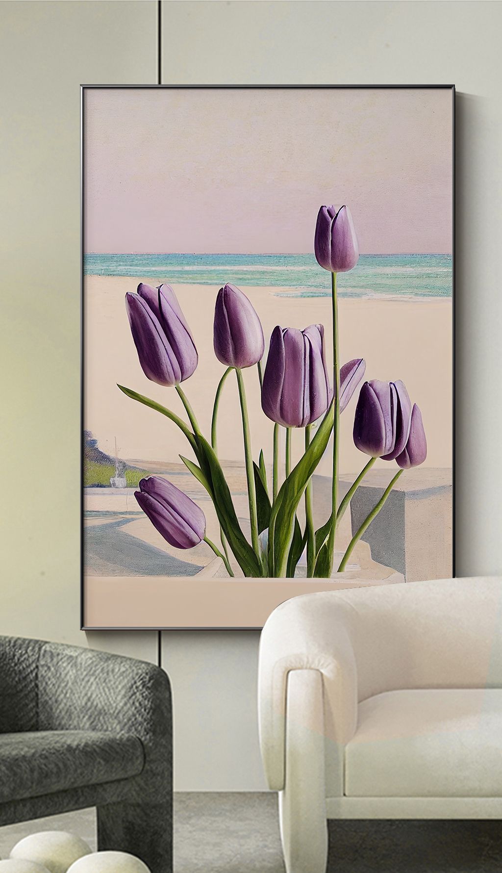 郁金香装饰画花卉挂画奶油风客厅沙发背景画