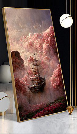 现代欧式梦幻玫瑰花海帆船意境玄关装饰画