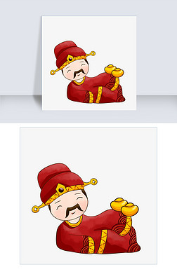 手绘卡通中国风财神爷躺卧悠闲元宝自在