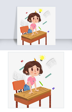 卡通手绘撑着桌子往前看的女孩