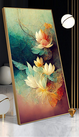 中式轻奢现代手绘抽象荷花油画玄关装饰画2