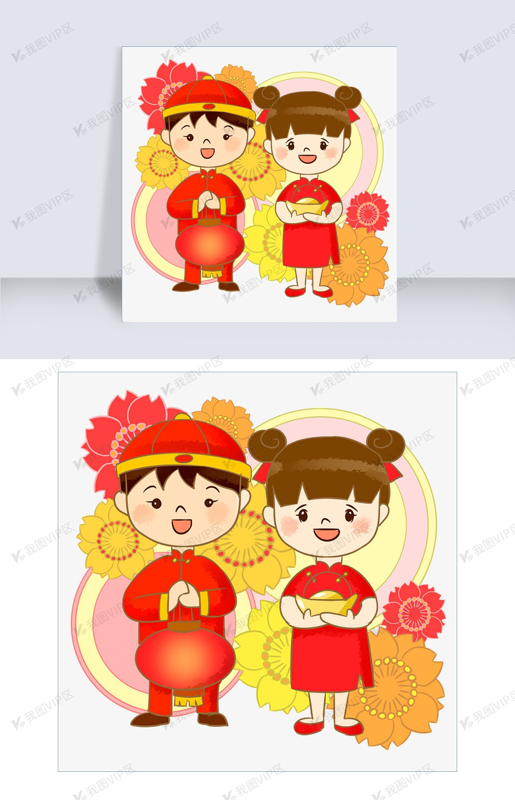金童玉女过新年手绘卡通人物png素.