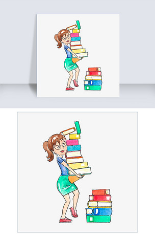 水彩手绘的女人搬书矢量素材