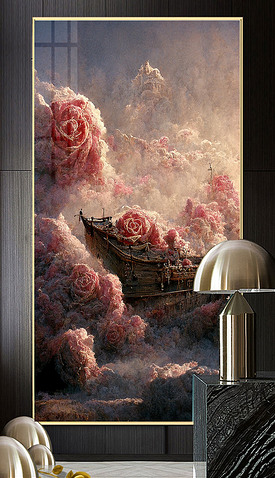 古典欧式手绘玫瑰花海帆船玄关装饰画