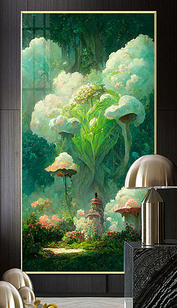 手绘油画梦幻童话森林蘑菇玄关装饰画