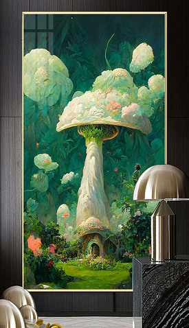 手绘油画梦幻童话森林蘑菇玄关装饰画3