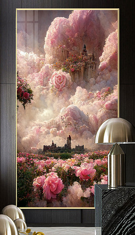 北欧梦幻粉色玫瑰城堡风景玄关装饰画