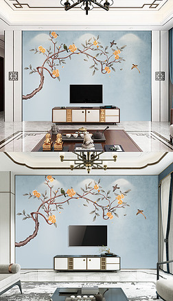 新中式花鸟图电视背景墙壁画