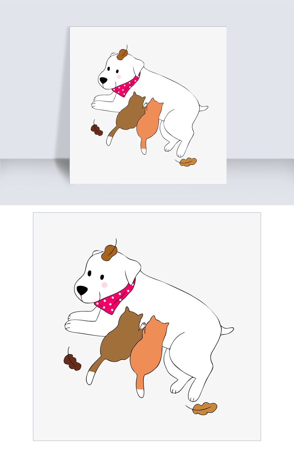 卡通秋叶飘落小白狗喂奶狗