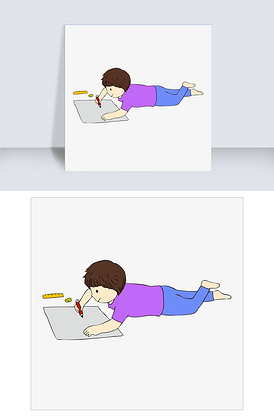 手绘趴在地上画画的男孩