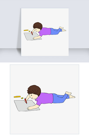 手绘趴在地上画画的男孩