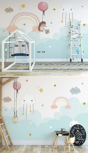 北欧ins手绘气球小刺猬可爱儿童房背景墙