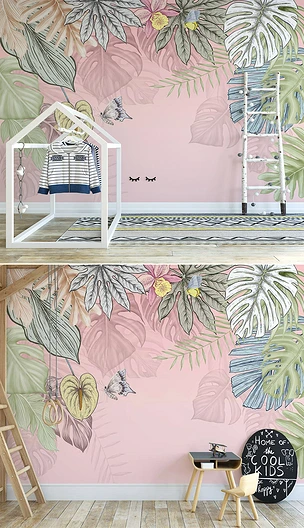 手绘素描水彩热带丛林复古墙纸室内背景墙