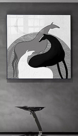 黑白艺术侘寂风肌理马艺术装饰画四