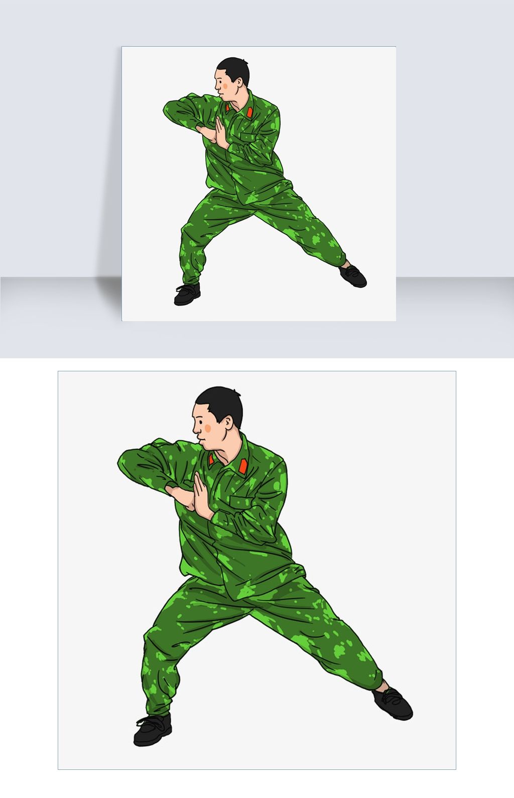 身穿迷彩军绿色军装的解放军练习格斗