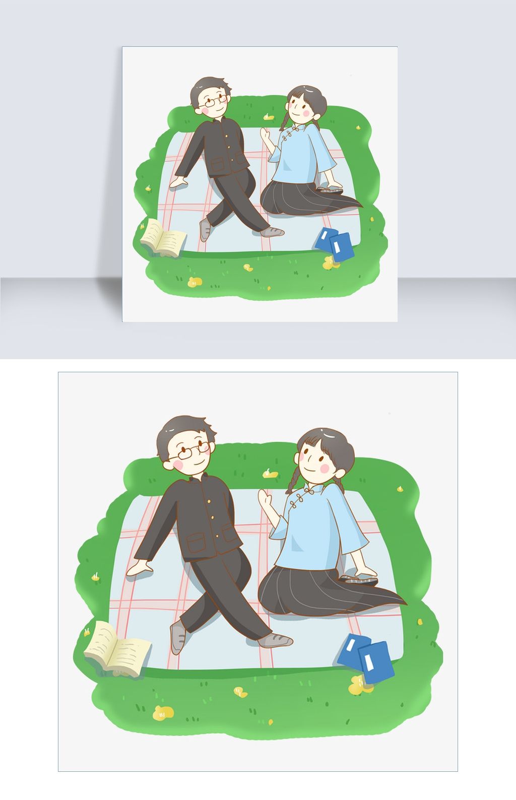 手绘卡通民国风男女学生郊外免抠pn.