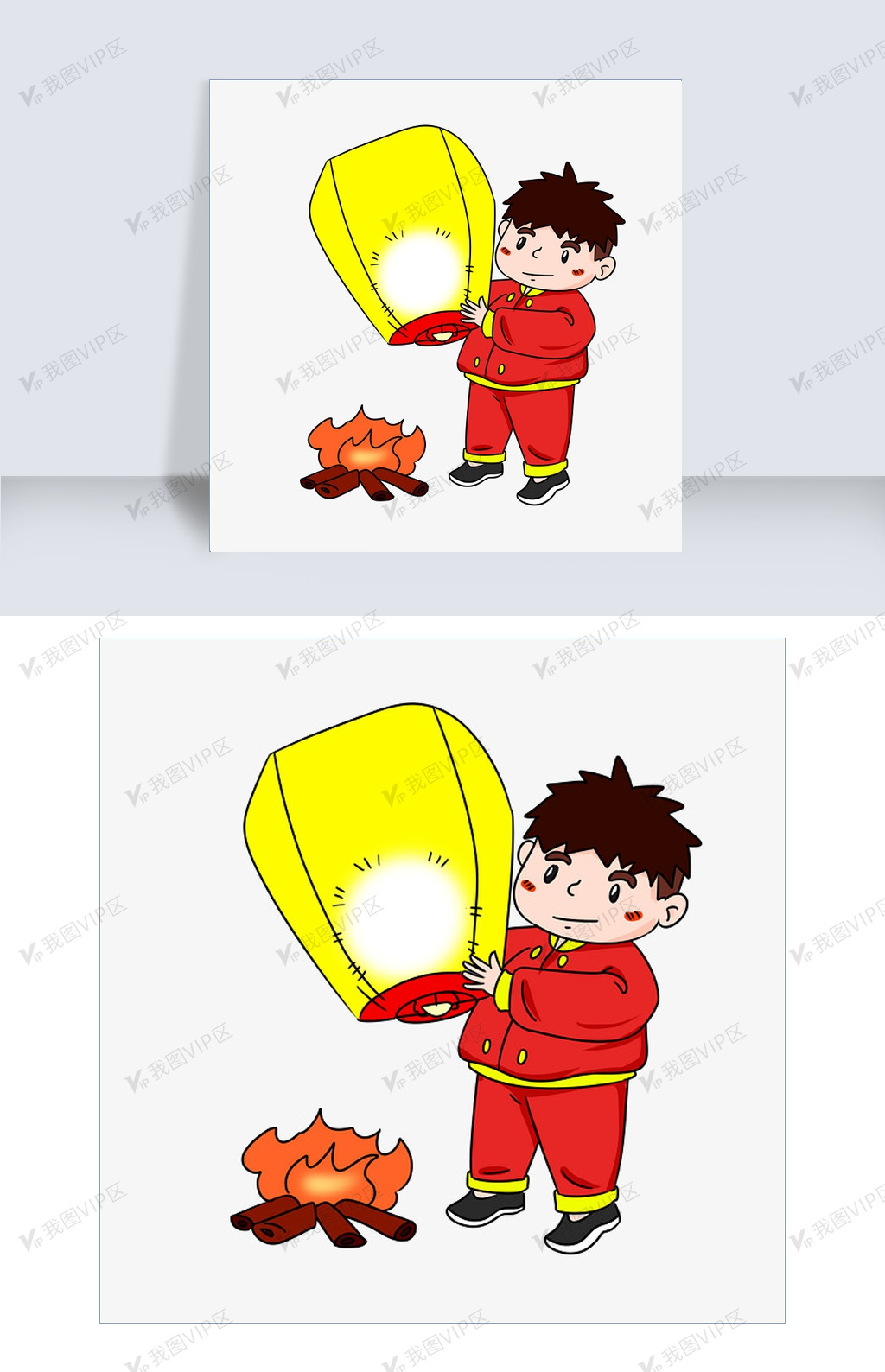 元宵节小男孩放孔明灯手绘插画