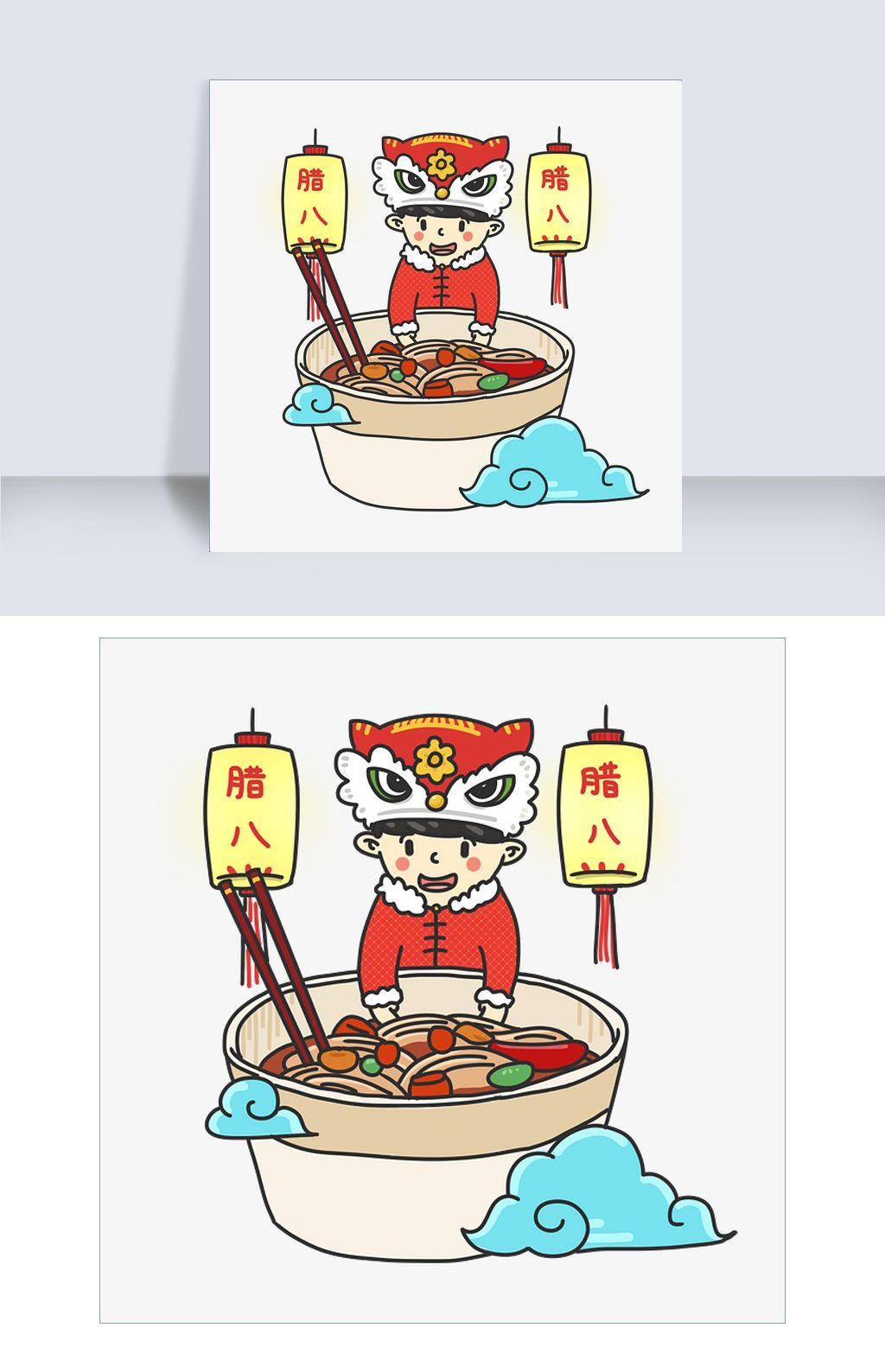 手绘小孩子腊八节吃面插画