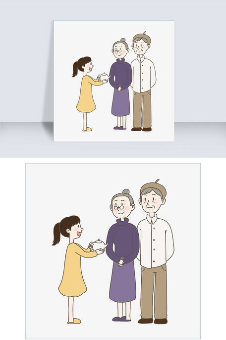 感恩节手绘插画给爷爷奶奶倒茶免抠元.