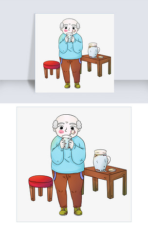 手绘冬季喝养生茶老人插画