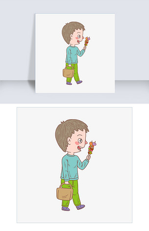 卡通手绘人物吃羊肉串少年