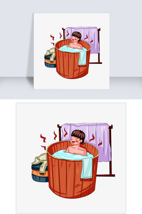 冬季取暖少年泡澡手绘插画