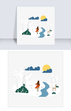 卡通插画风雪夜骑车的女孩