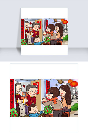 猪年2019年新年拜年回娘家串门过年插画