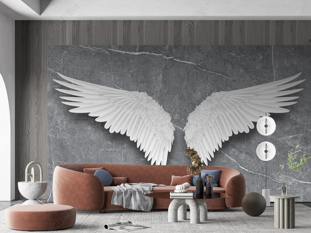 现代简约北欧手绘卡通天使翅膀壁画背景墙