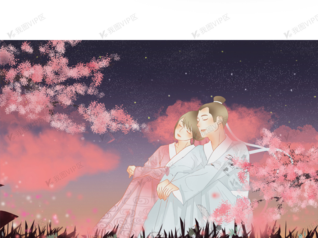 黄昏樱花树下的古风情侣