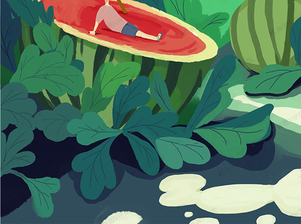 清凉夏季吃西瓜插画