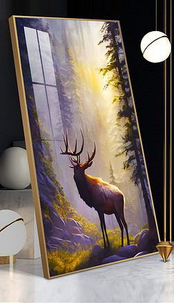 北欧梦幻麋鹿森林风景玄关装饰画