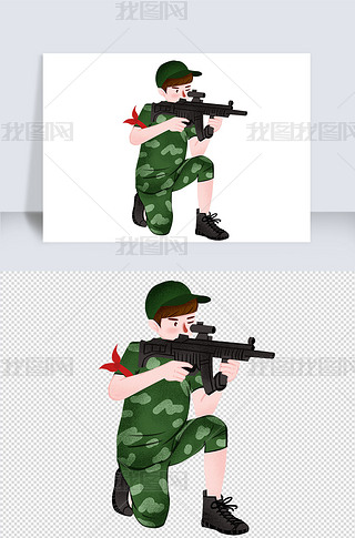 当兵过生日卡通人物免抠元素|军人当兵的人狙击枪战斗迷彩服卡通人物
