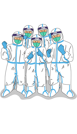 小人合影插画|手绘抗疫防疫疫情隔离服新冠病毒大白合影