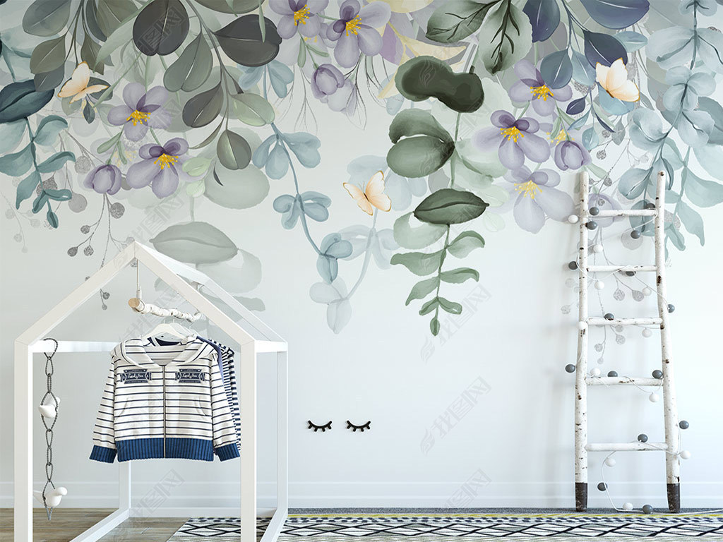 现代手绘小清新树叶花朵绿色植物室内背景墙