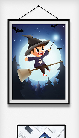 万圣节可爱男孩骑扫把卡通插画