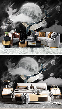 宇宙星空月球月亮云彩鲸鱼深色电视背景墙