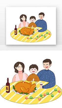 卡通感恩节一家人吃饭火鸡红酒彩灯