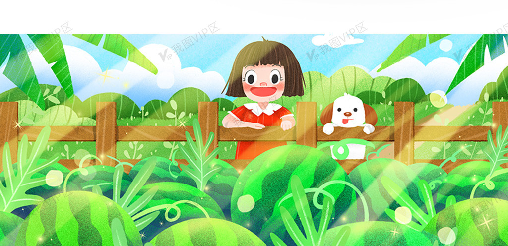 立夏西瓜熟了女孩在瓜田看瓜图片素材(psd分层格式)免费下载_卡通风