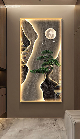新中式现代抽象发财树光影玄关装饰画2
