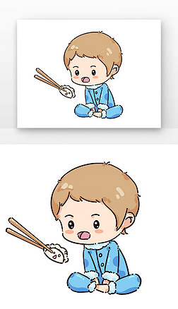 蓝黄卡通小孩吃饺子冬至人物与食材