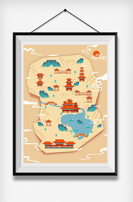2020年中国风风景建筑地图插画
