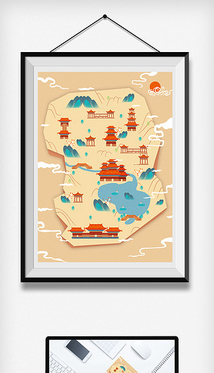 2020年中国风风景建筑地图插画