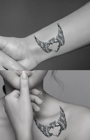 黑白翅膀爱心桃心天使花纹纹身