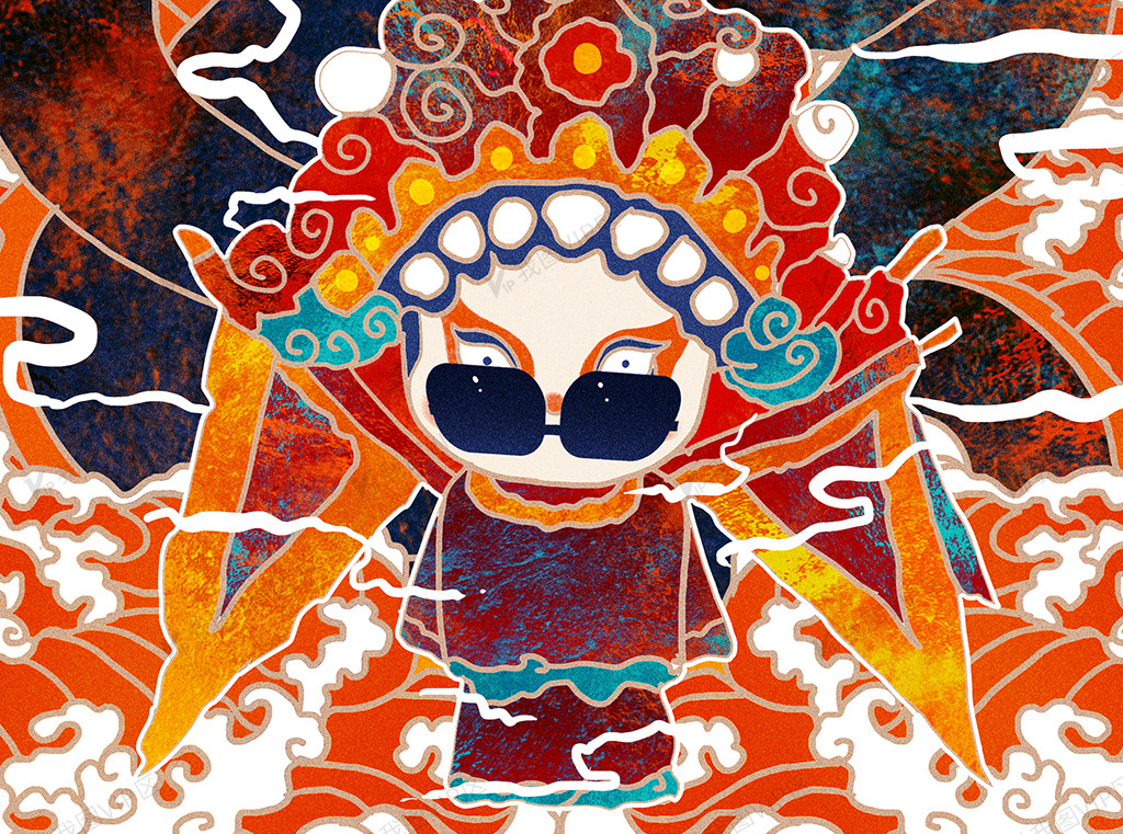 2020年橙色国潮风京剧人物插画