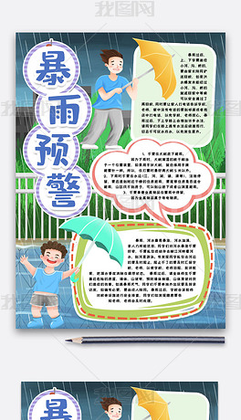 原创暴雨预警安全知识小报手抄报word模版版权可商用