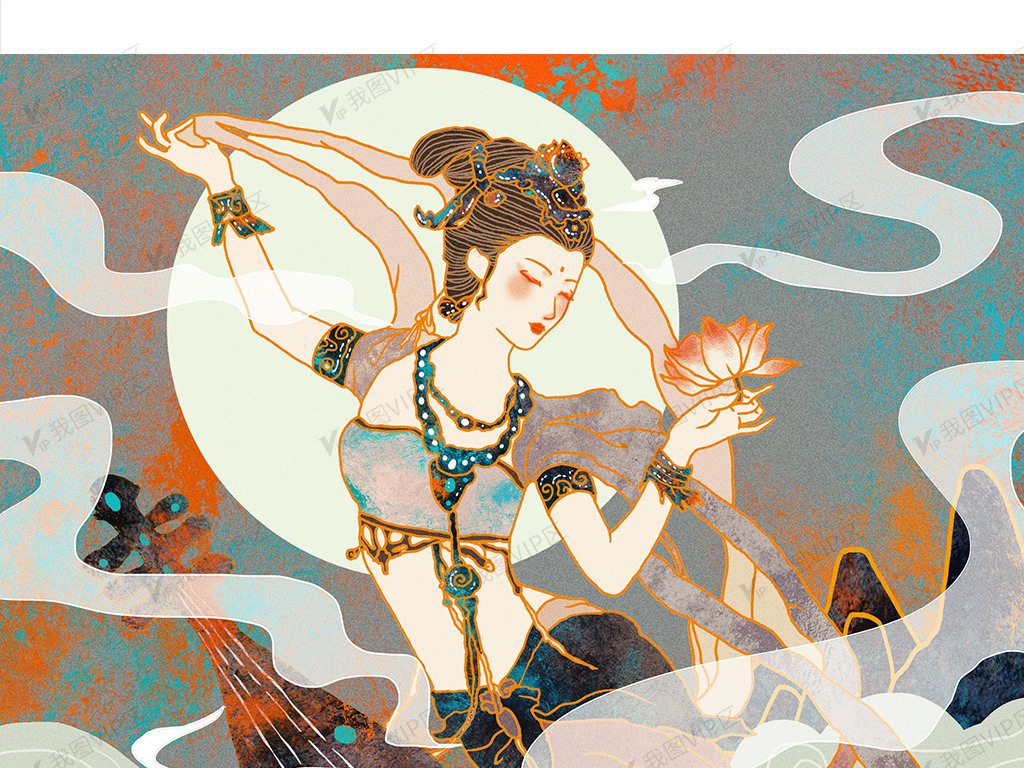 插画 教育文化 中国风 2020年藏蓝色敦煌壁画飞天仙女插画原创设计