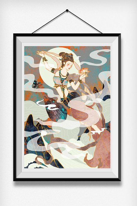 2020年藏蓝色敦煌壁画飞天仙女插画图片素材(psd分层格式)免费下载