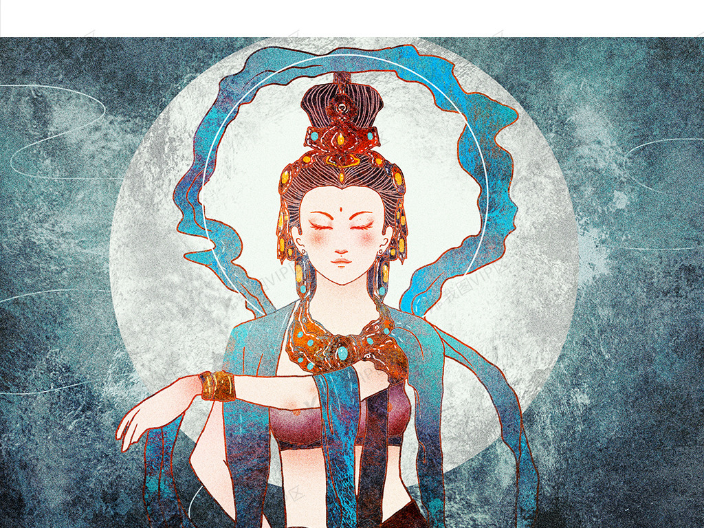 2020年藏蓝色敦煌壁画飞天仙女插画